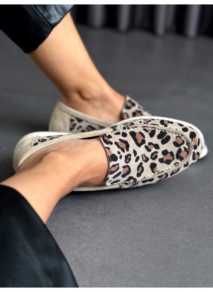 Leopar ince taban loafer gerçek deri ayakkabı 