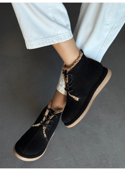 Hakiki deri siyah içi peluş bot