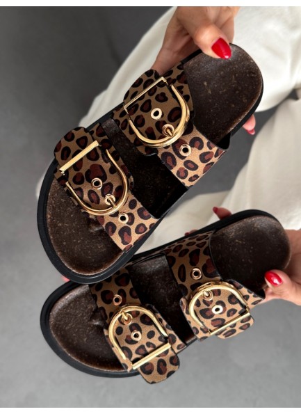 Leopar çift tokalı terlik