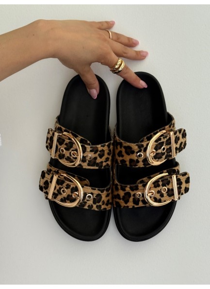 Leopar çift toka terlik 
