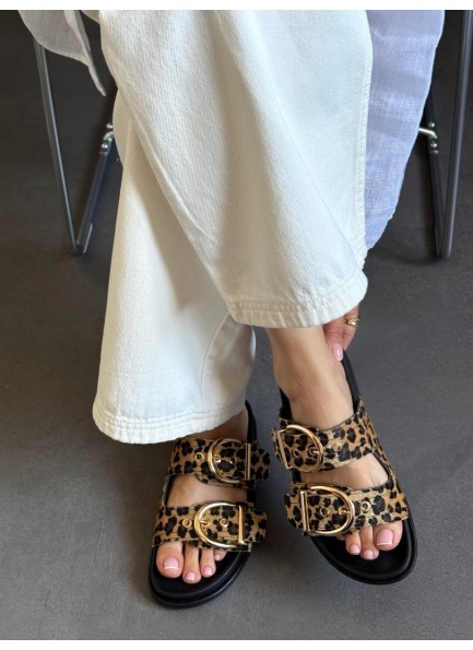 Leopar çift toka terlik 