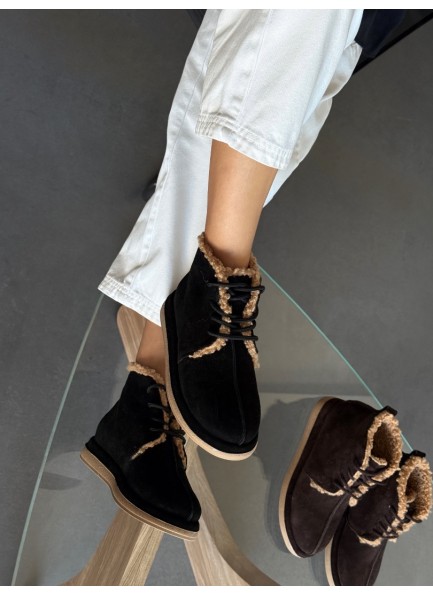 Hakiki deri siyah içi peluş bot