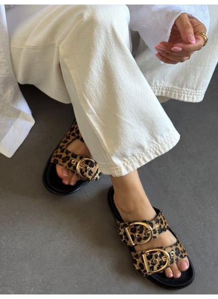 Leopar çift toka terlik 