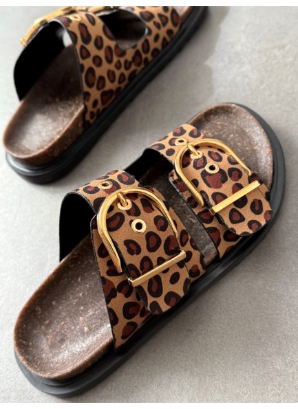 Leopar çift tokalı terlik