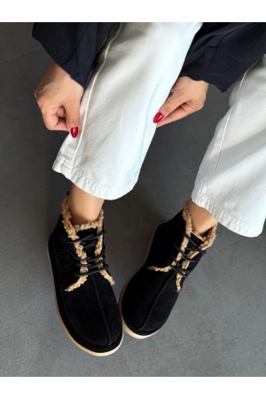 Hakiki deri siyah içi peluş bot