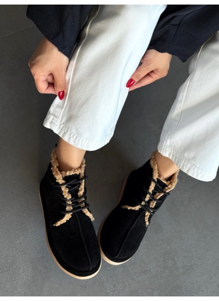 Hakiki deri siyah içi peluş bot