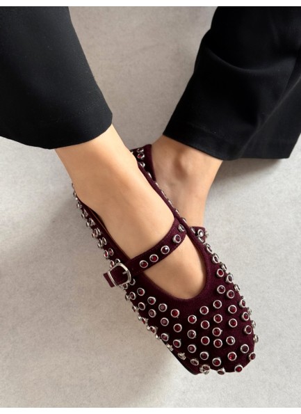 Bordo süet taşlı babet