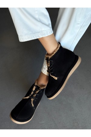 Hakiki deri siyah içi peluş bot