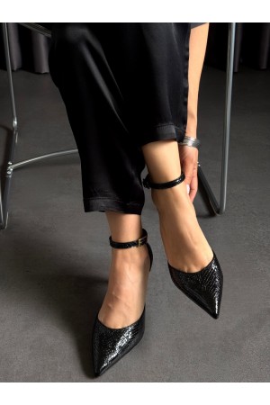 Siyah petek rugan topuklu ayakkabı 