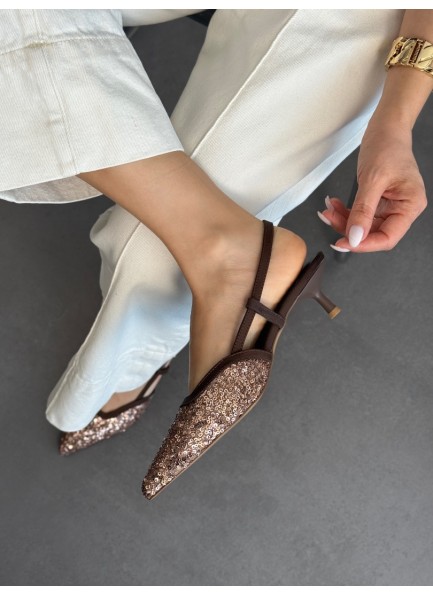 Acı kahve pullu topuklu ayakkabı 