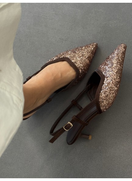 Acı kahve pullu topuklu ayakkabı 