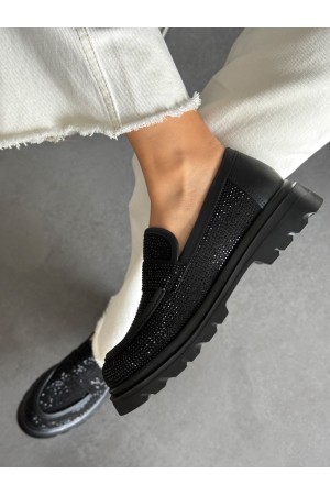 Siyah taşlı loafer ayakkabı 