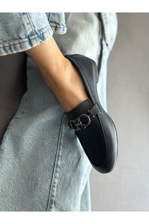 SC1115 Lacivert gümüş tokalı hakiki deri ayakkabı 