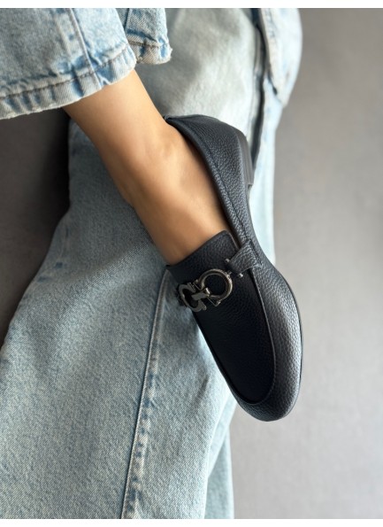 SC1115 Lacivert gümüş tokalı hakiki deri ayakkabı 