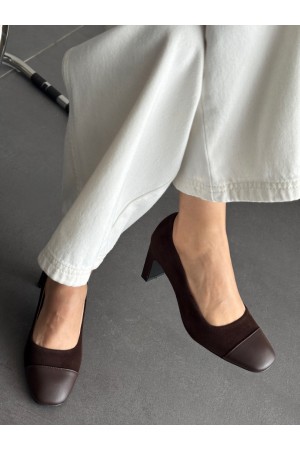 Acı kahve iki yüzlü topuklu ayakkabı hakiki deri