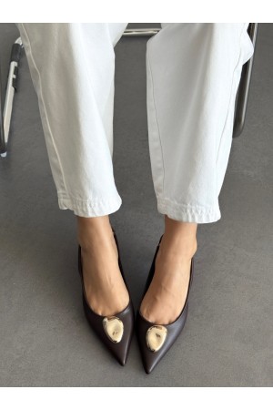 Acı kahve gold tokalı topuklu ayakkabı 