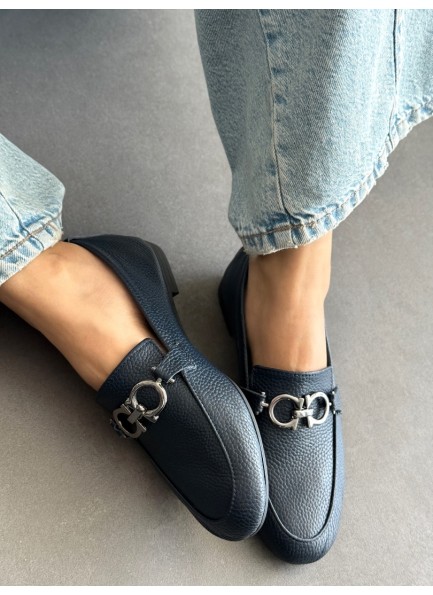 SC1115 Lacivert gümüş tokalı hakiki deri ayakkabı 