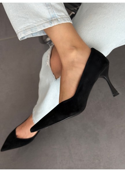 Siyah süet hakiki deri stiletto 