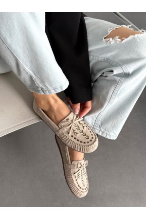 Bej nakışlı loafer ayakkabı 