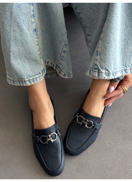 SC1115 Lacivert gümüş tokalı hakiki deri ayakkabı 