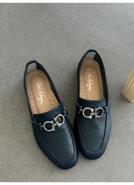 SC1115 Lacivert gümüş tokalı hakiki deri ayakkabı 