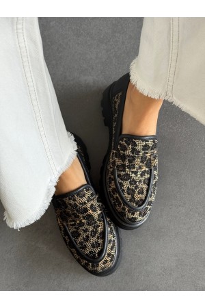 Leopar taşlı loafer ayakkabı 