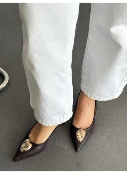 Acı kahve gold tokalı topuklu ayakkabı 