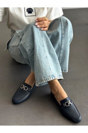 SC1115 Lacivert gümüş tokalı hakiki deri ayakkabı 