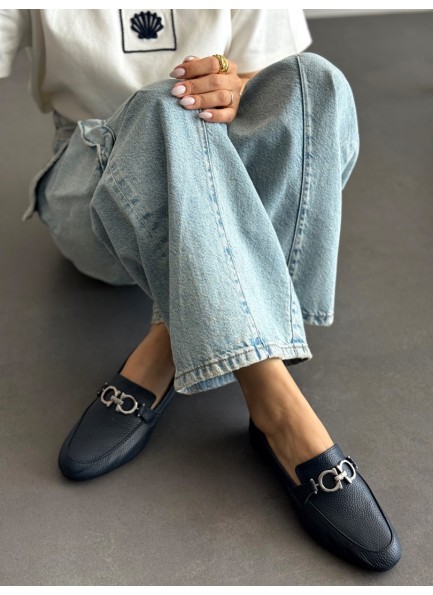 SC1115 Lacivert gümüş tokalı hakiki deri ayakkabı 